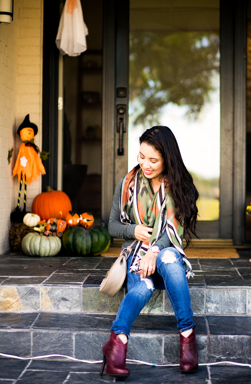 cute & little | petite fashion blog | blanket scarf fall outfit | halloween front door decor
