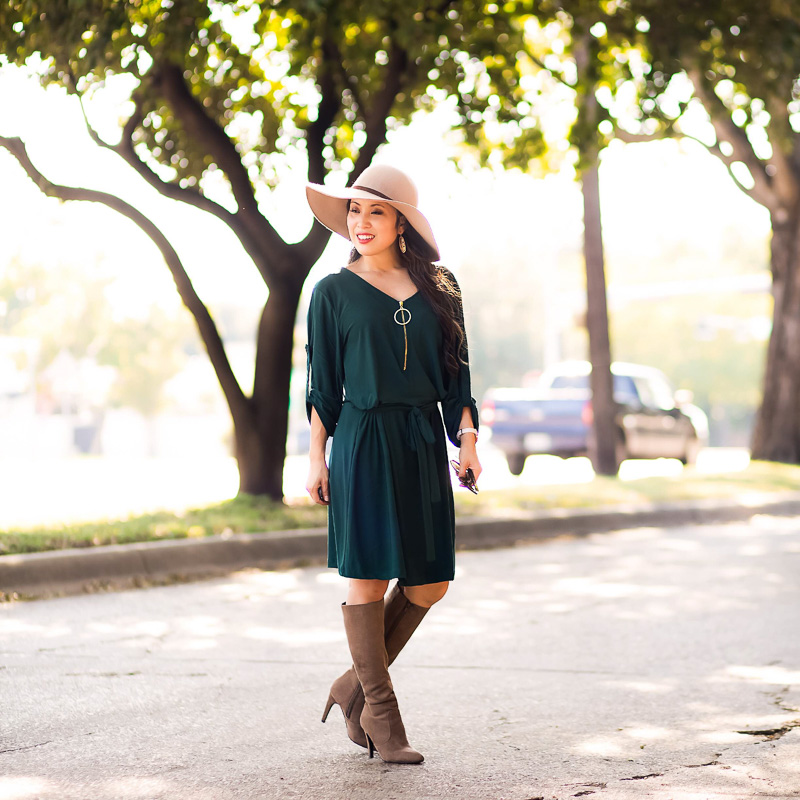 cute & little | petite fashion blog | emerald green dress, tall suede boots, floppy hat | fall outfit