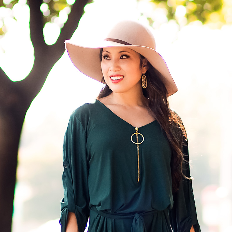 cute & little | petite fashion blog | emerald green dress, floppy hat | fall outfit