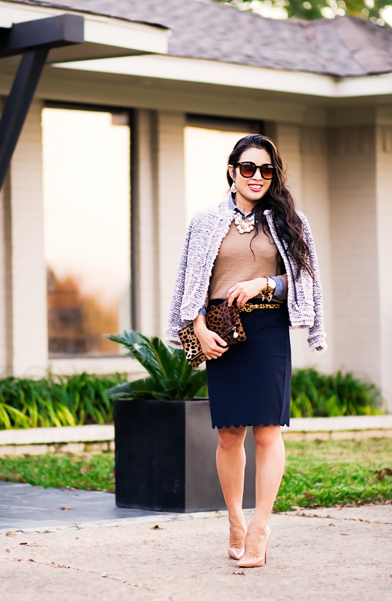 cute & little blog | petite fashion | tweed jacket, camel tippi sweater, navy scalloped skirt, louboutin nude patent so kate pumps | fall work outfit