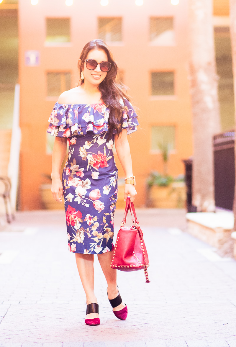 cute & little blog | petite fashion | navy floral off-shoulder midi dress, aerosoles exit lane | date night outfit