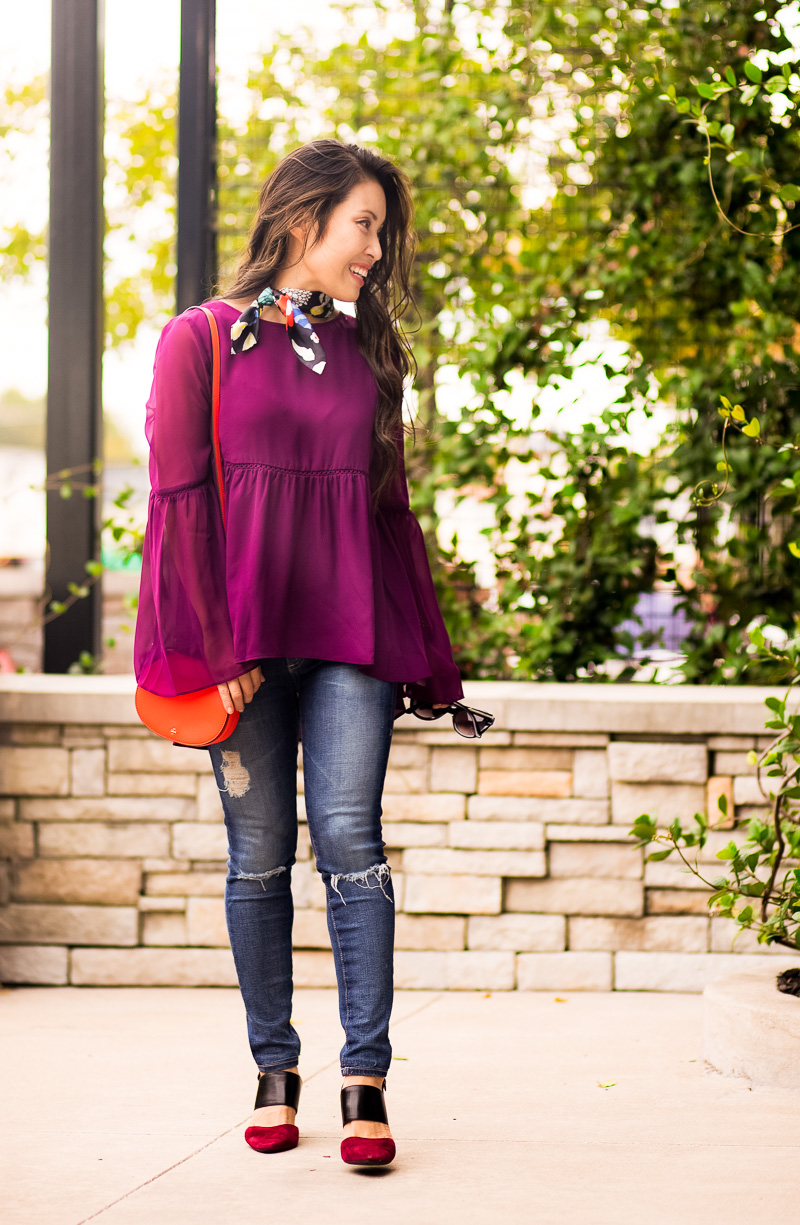 cute & little | petite fashion blog | bell sleeve top, distressed jeans, aerosoles exit lane, neckerchief | fall outfit