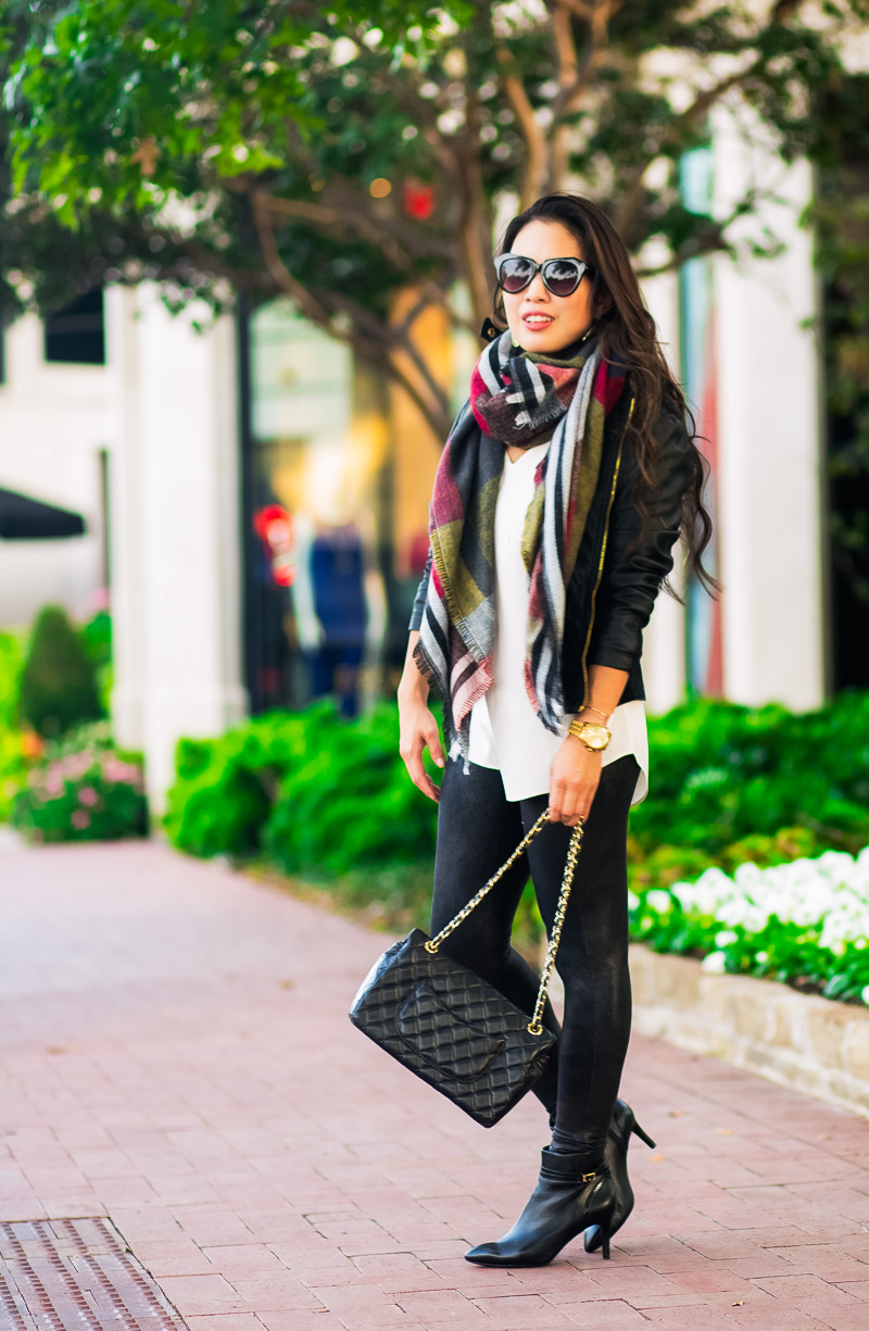 cute & little | petite fashion blog | black leather moto jacket, blanket scarf, leather leggings, rockport total motion booties | fall winter outfit