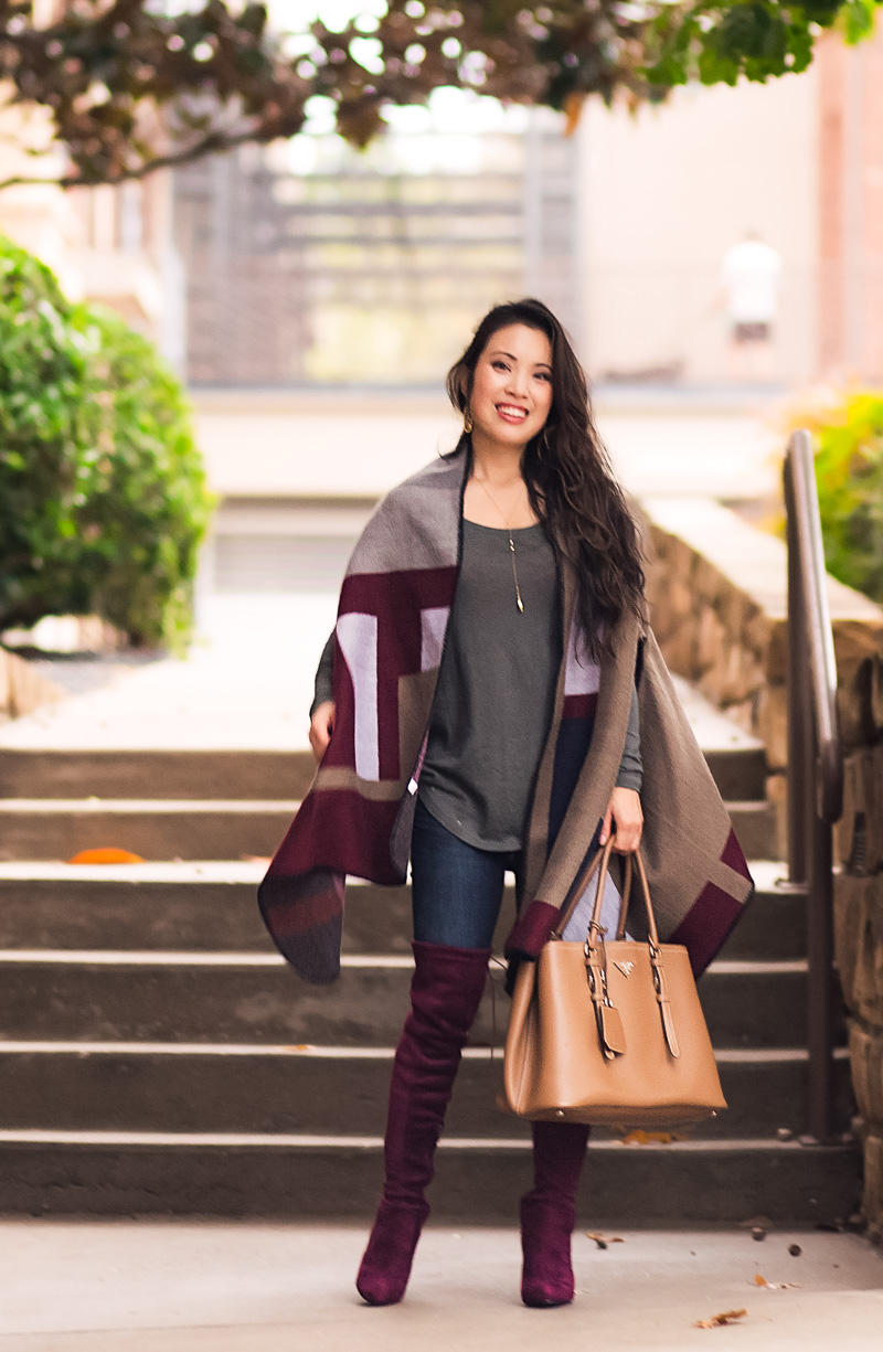 cute & little blog | colorblock cape, burgundy suede over the knee highland boots, prada cuir bag | fall winter outfit