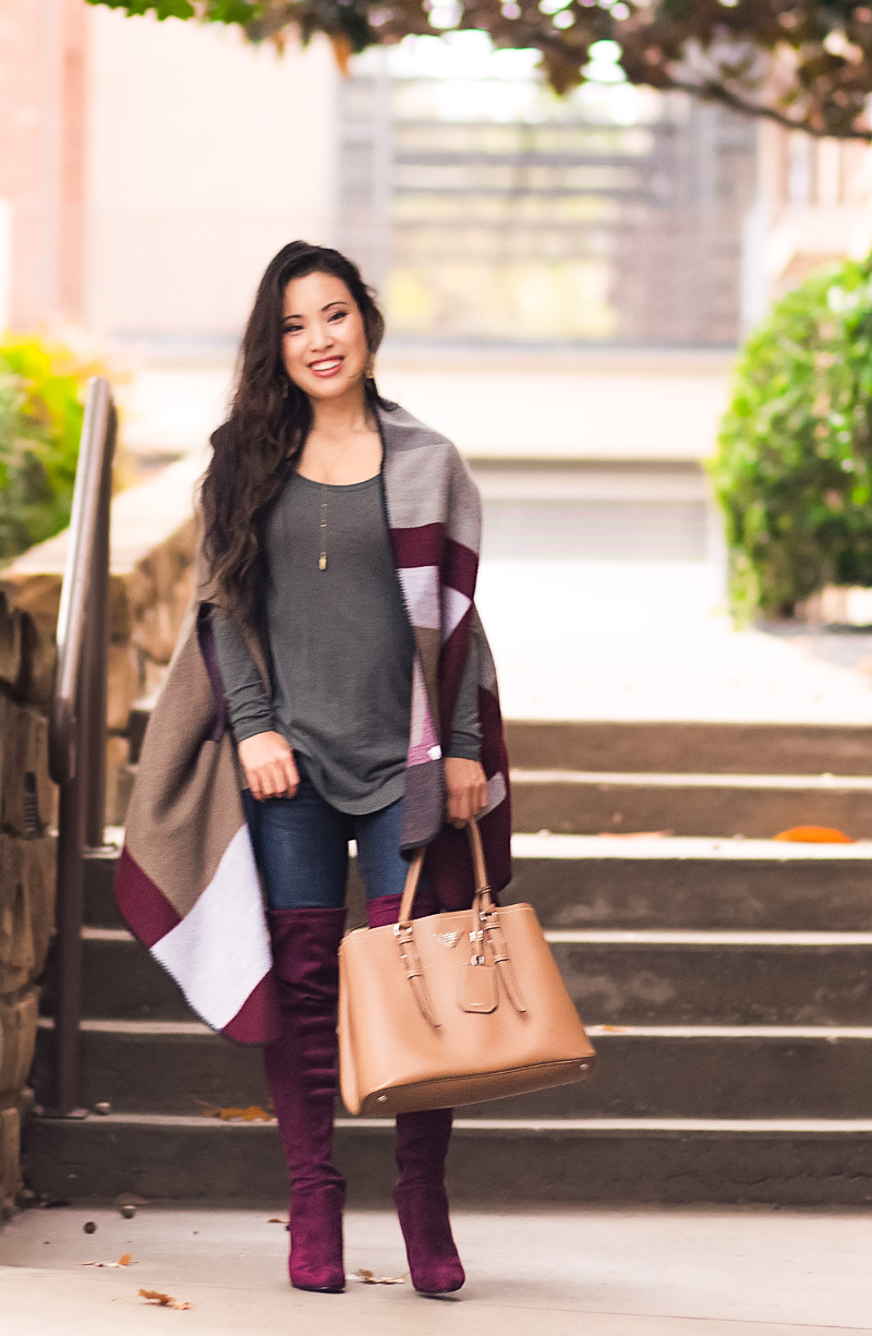 cute & little blog | colorblock cape, burgundy suede over the knee highland boots, prada cuir bag | fall winter outfit