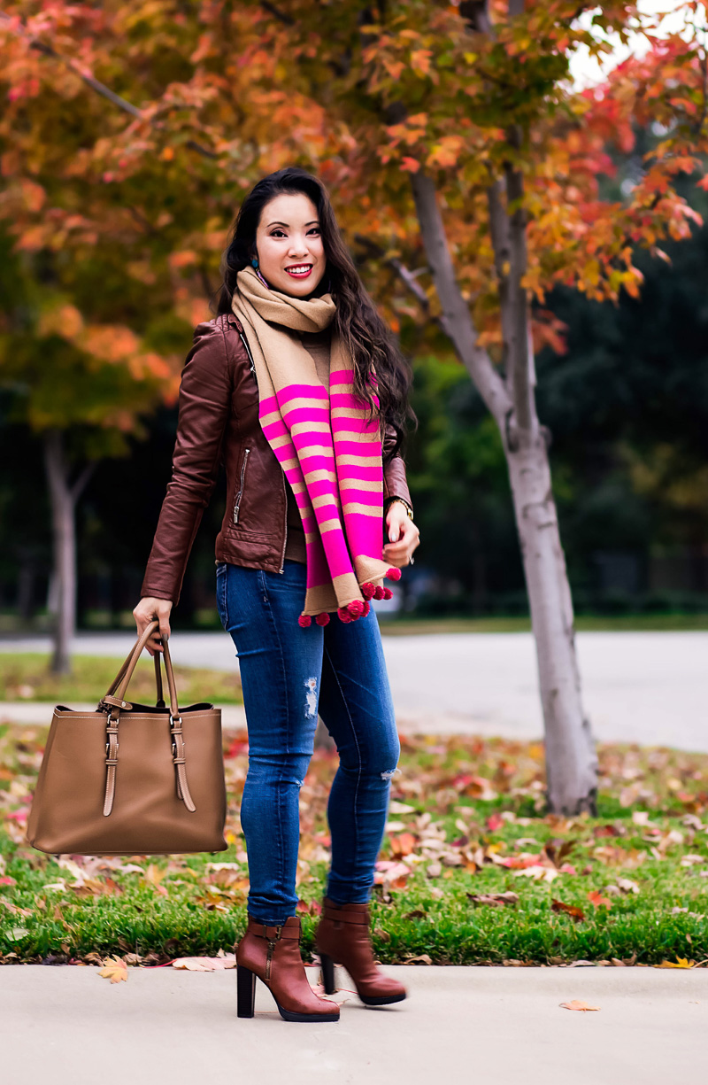 cute & little blog | petite fashion | cognac moto jacket, tippi sweater, striped pom pom scarf, cognac ankle boots, prada cuir | fall winter outfit