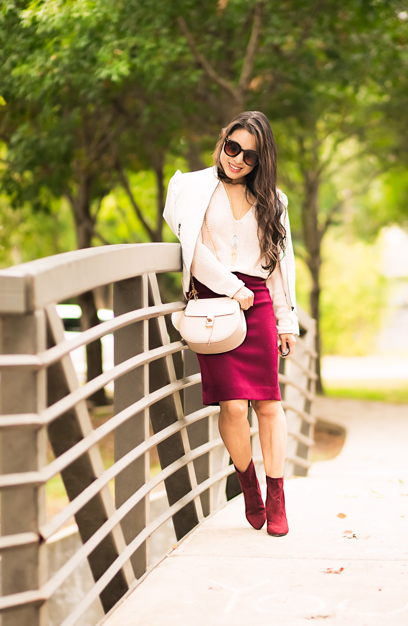 cute & little blog | pink knit sweater, burgundy no. 2 pencil skirt, aerosoles excess ankle boots | fall winter work outfit