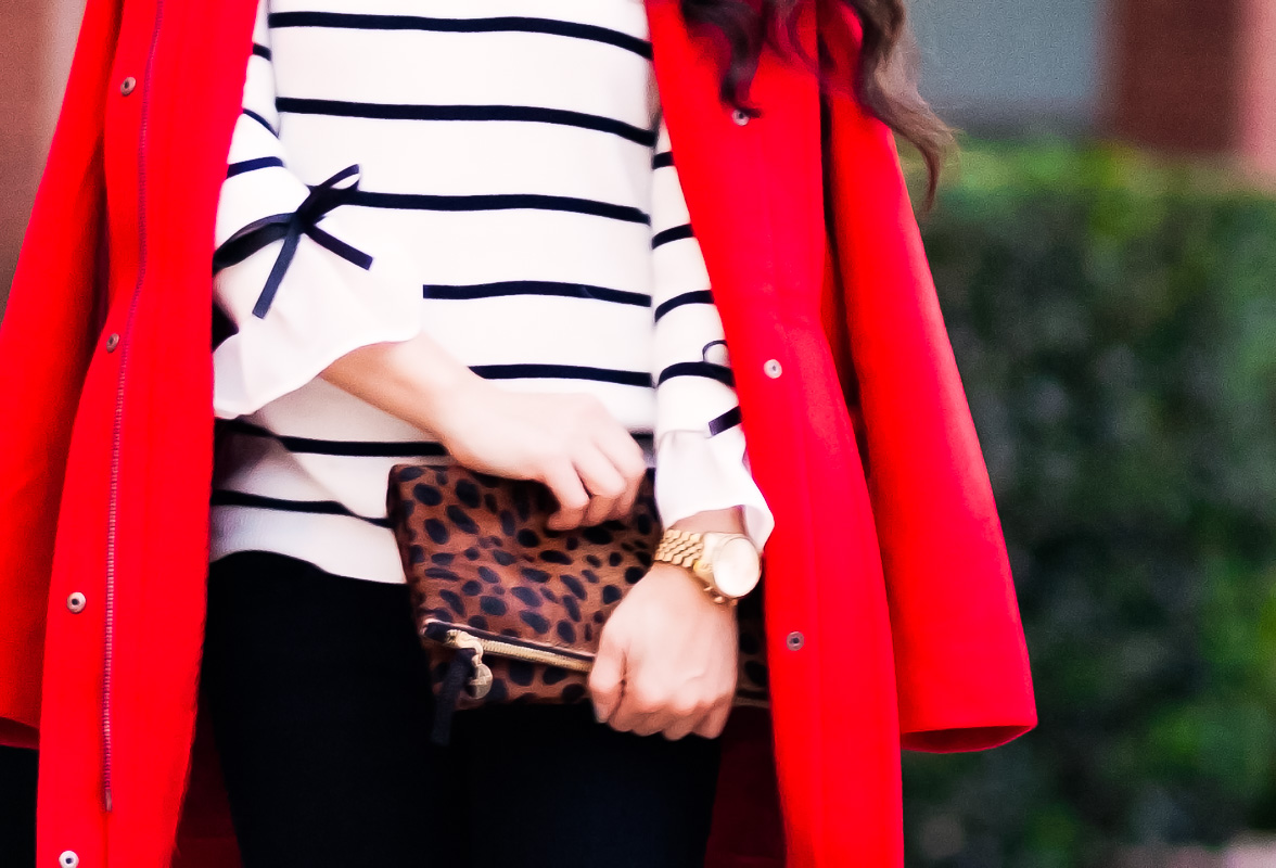 cute & little | petite fashion blog | j.jill red cambridge coat, striped sweater, leopard clutch | fall winter holiday outfit