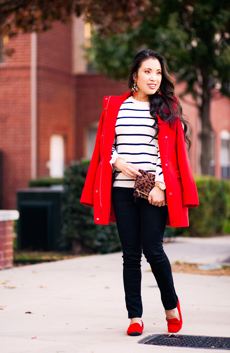 cute & little | petite fashion blog | j.jill red cambridge coat, striped sweater, red smoking slippers, leopard clutch | fall winter holiday outfit
