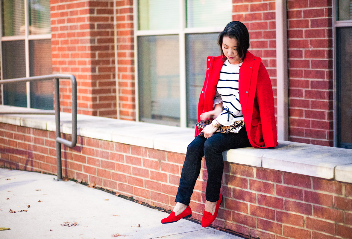 cute & little | petite fashion blog | j.jill red cambridge coat, striped sweater, red smoking slippers, leopard clutch | fall winter holiday outfit