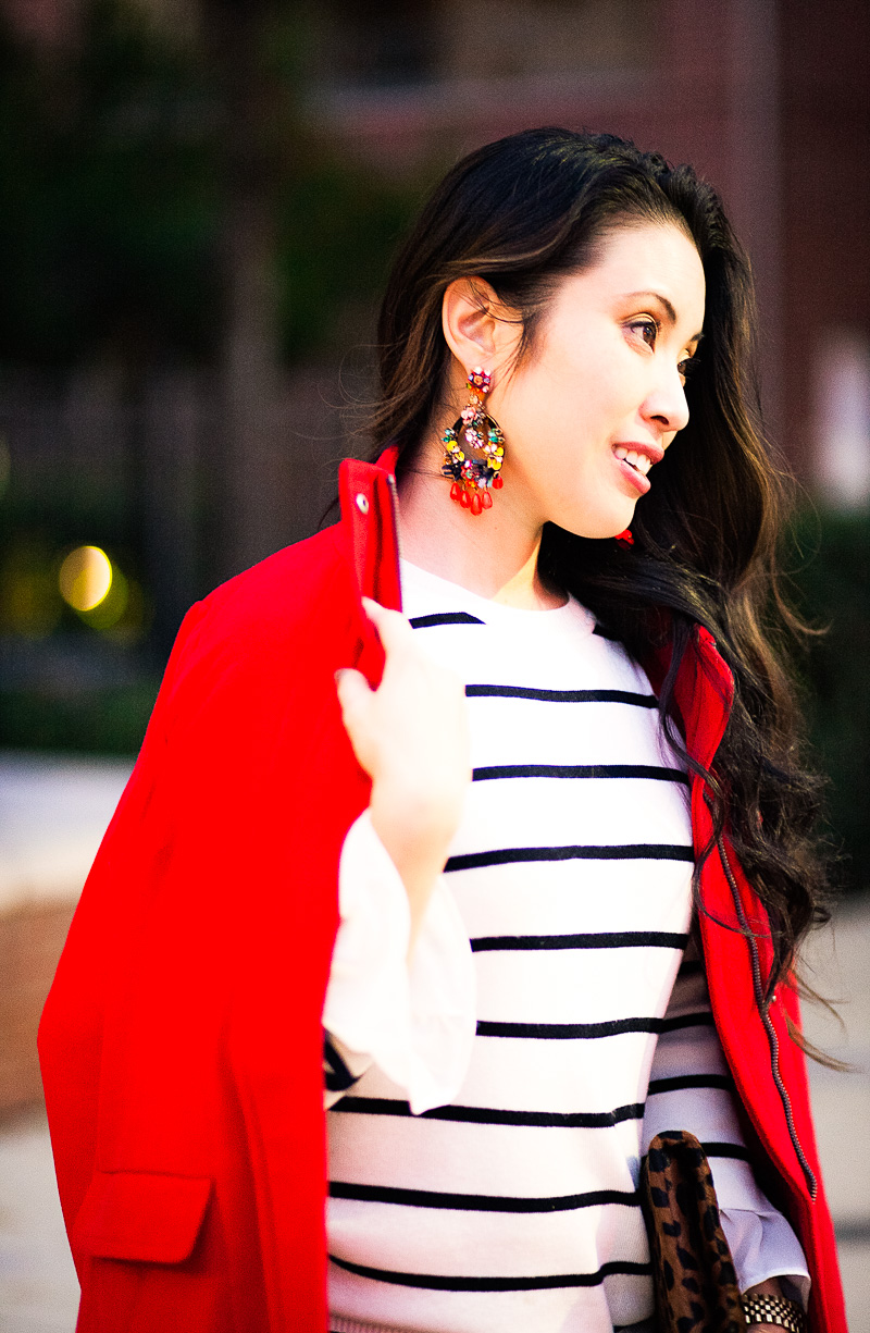 cute & little | petite fashion blog | j.jill red cambridge coat, striped sweater, j.crew garland hoop earrings | fall winter holiday outfit
