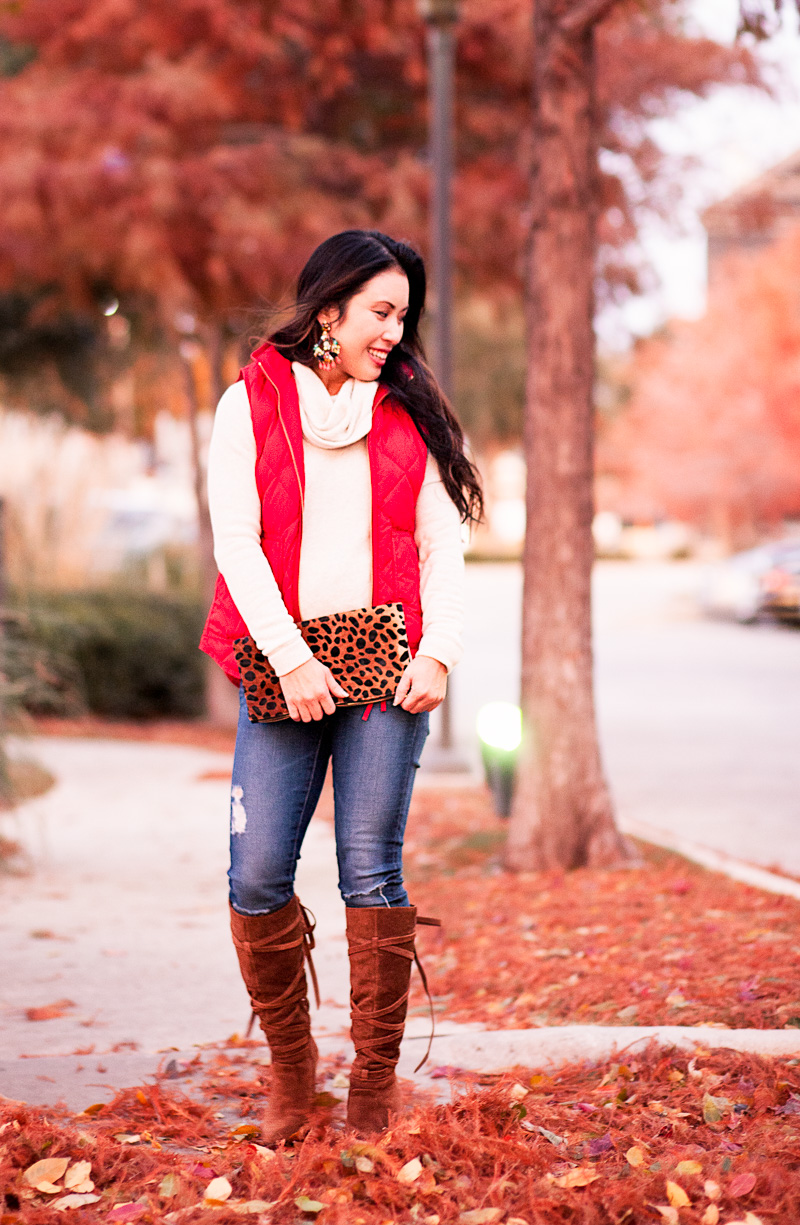 cute & little blog | petite fashion | red puffer excursion vest, funnelneck sweatshirt, vince camuto millay lace-up boots | fall winter outfit #sleightheholidays
