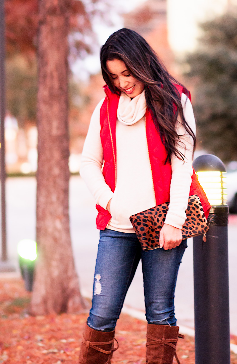cute & little blog | petite fashion | red puffer excursion vest, funnelneck sweatshirt, vince camuto millay lace-up boots | fall winter outfit #sleightheholidays