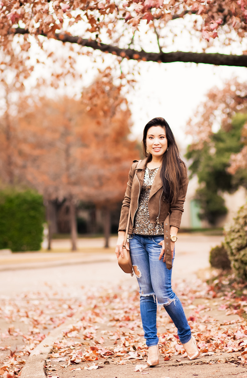 cute & little | petite fashion blog | suede cropped moto jacket, sequin top, distressed jeans, gold pumps, gucci soho disco bag | fall winter outfit