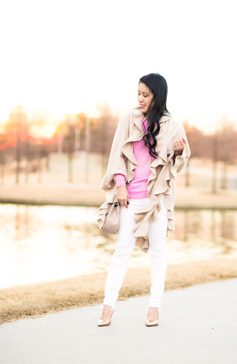 cute & little blog | petite fashion | cashmere ruffle wrap, pink tippi sweater, distressed white jeans, gold pumps | fall winter outfit