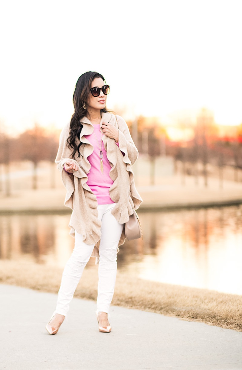 cute & little blog | petite fashion | cashmere ruffle wrap, pink tippi sweater, distressed white jeans, gold pumps | fall winter outfit