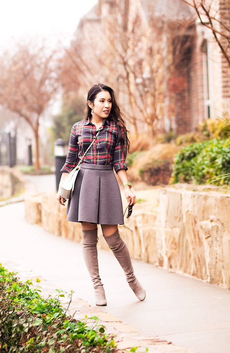 cute & little blog | petite fashion | stewart plaid shirt, gray pleated flare skater skirt, tory burch white quilted bag | fall winter outfit