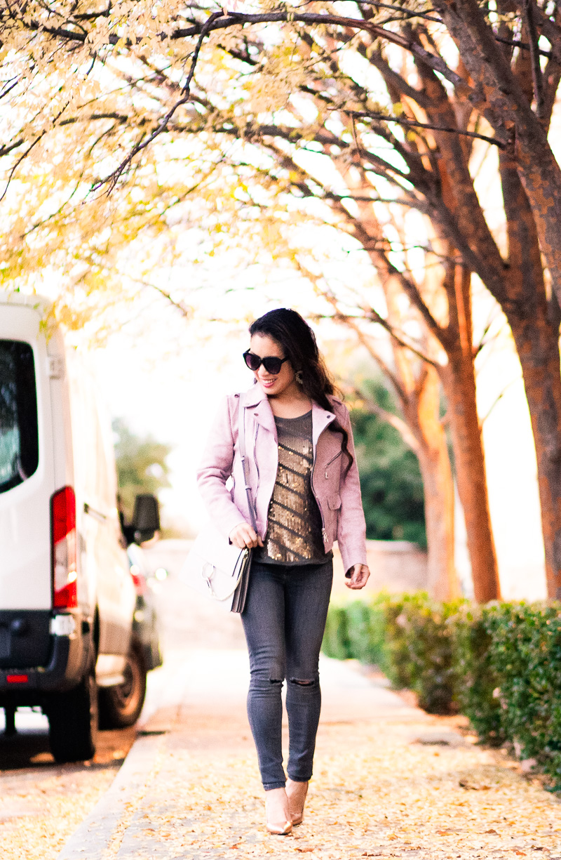 cute & little | petite fashion blog | pink suede zipper suede jacket, sequin top, gray distressed jeans, gold pumps | fall outfit