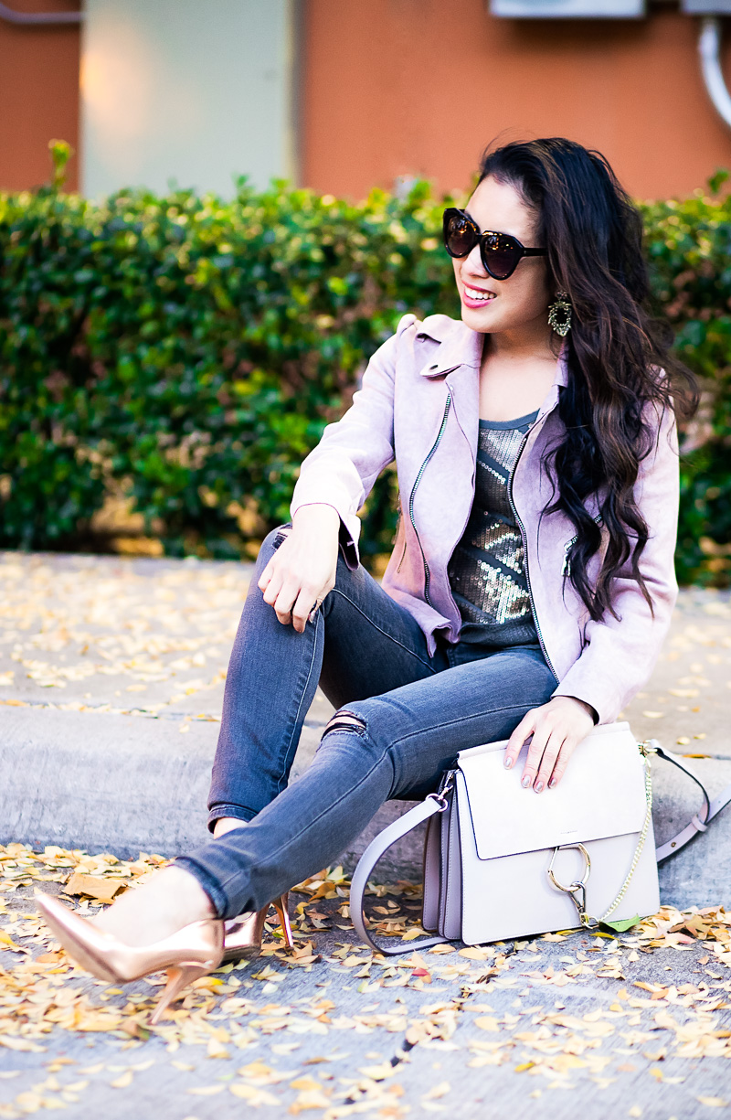 cute & little | petite fashion blog | pink suede zipper suede jacket, sequin top, gray distressed jeans, gold pumps | fall outfit