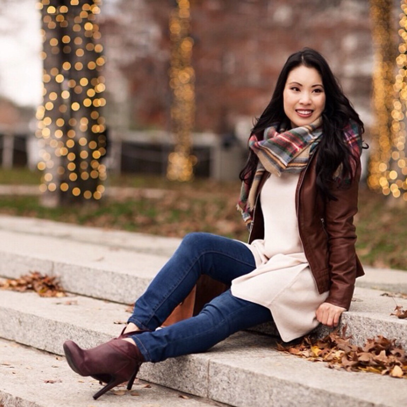 cute & little blog | cognac faux leather moto jacket, plaid blanket scarf, burgundy ankle booties | fall winter outfit