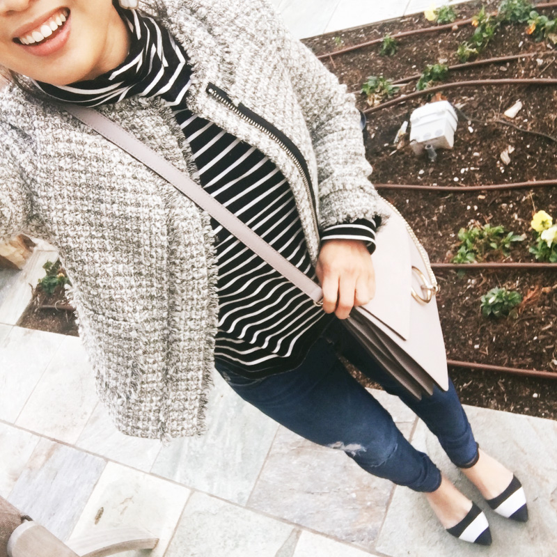 cute & little blog | petite fashion | j.crew lady jacket metallic tweed, striped turtleneck, striped flats | fall winter outfit