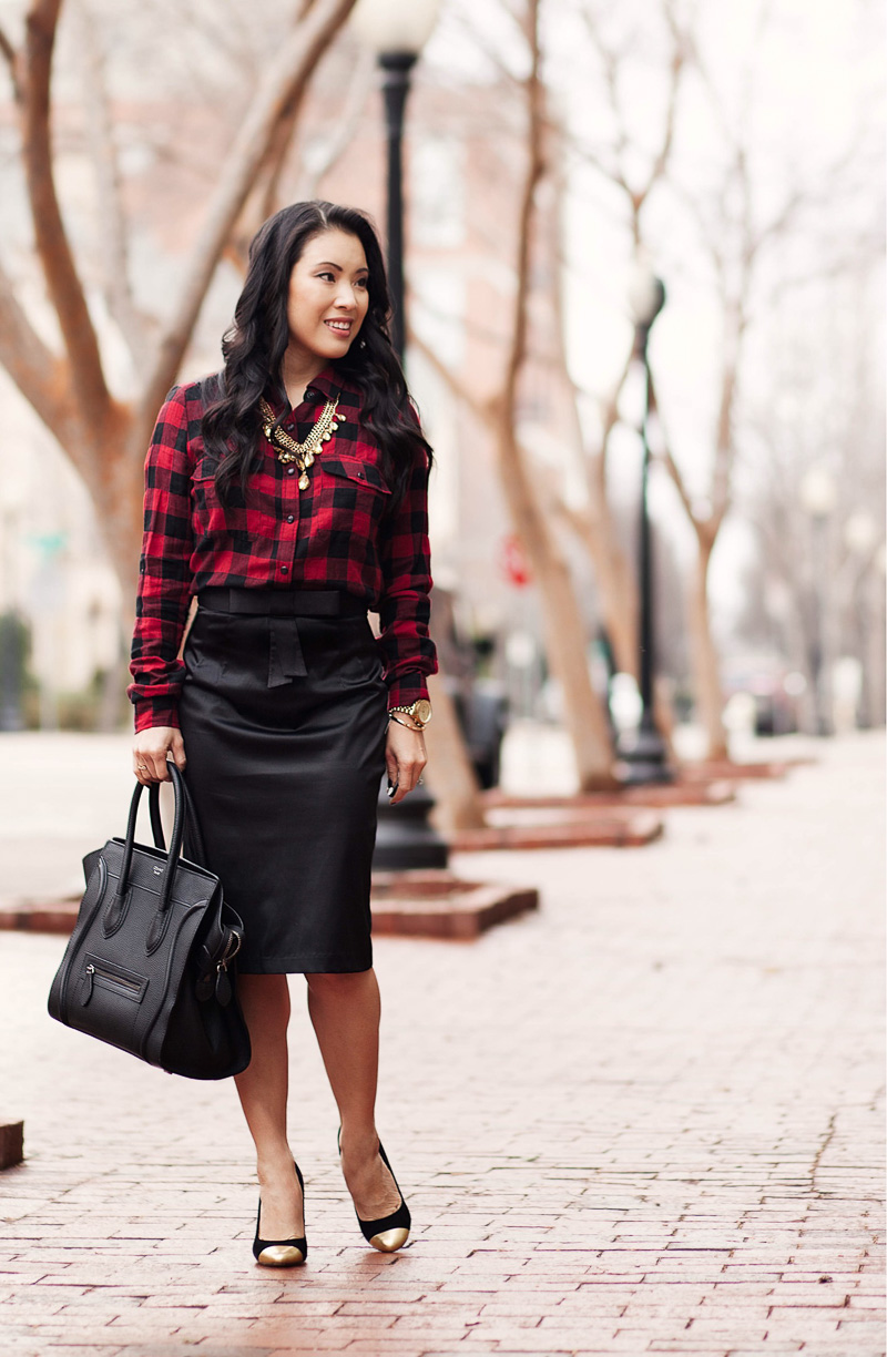 cute & little blog | buffalo plaid shirt, satin pencil skirt, celine nano tote | fall winter outfit