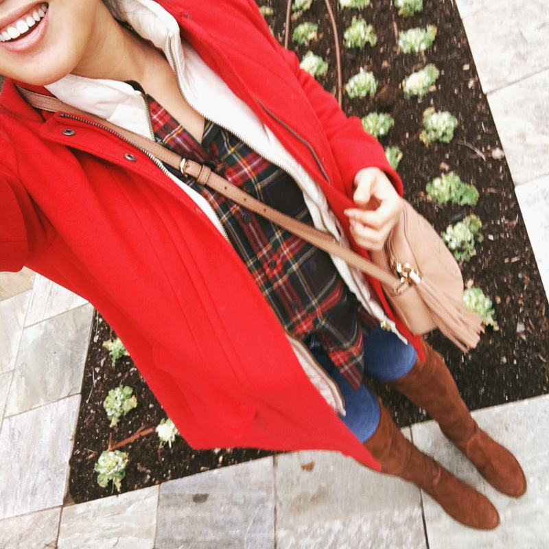 cute & little blog | petite fashion | j.jill red cambridge coat, white j.crew excursion quilted puffer vest, j.crew steward plaid shirt, stuart weitzman walnut lowland otk boots | fall winter outfit