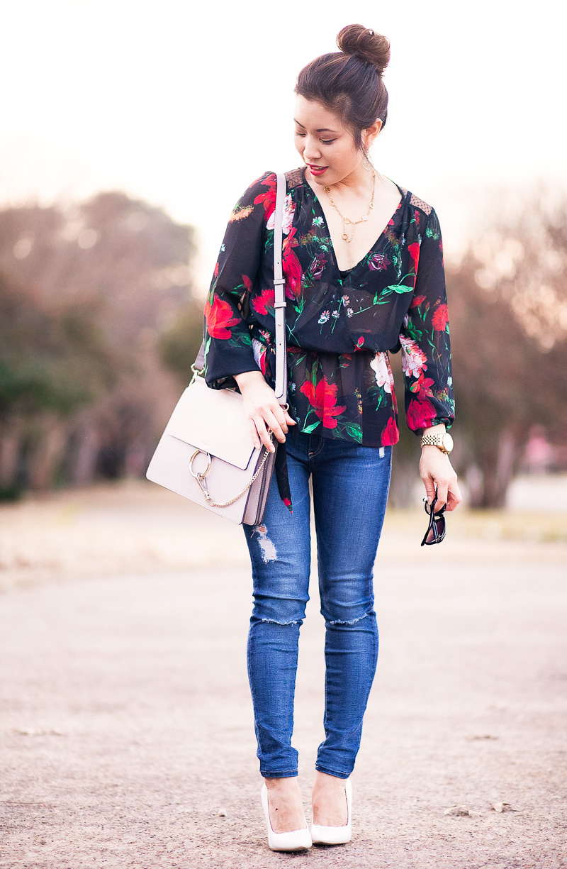 cute & little | petite fashion blog | express Chiffon Mesh Sheer Surplice Blouse, ag distressed jeans, chloe faye bag | fall outfit