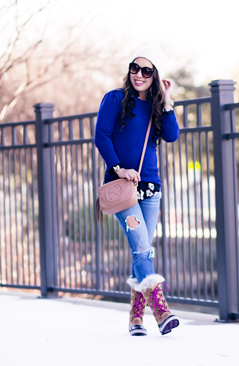 cute & little blog | petite fashion blog | cobalt floral layered sweater, distressed petite jeans, sorel tofino cate fur snow duck boots, gucci soho disco, pom pom beanie | winter snow outfit