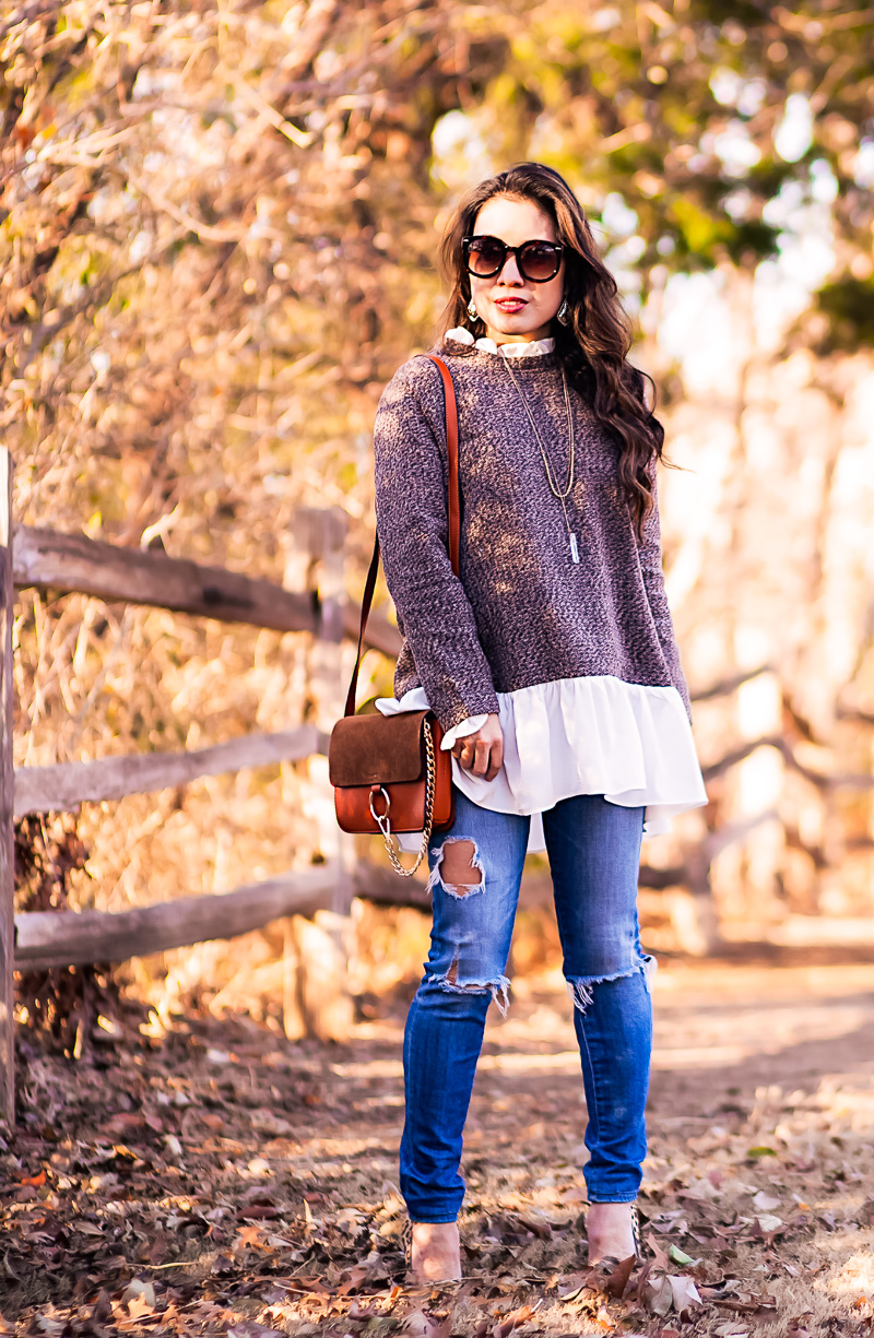 cute & little | petite fashion blog | peplum ruffle hem sweater, distressed jeans, leopard print flats, chloe faye small bag | fall winter outfit
