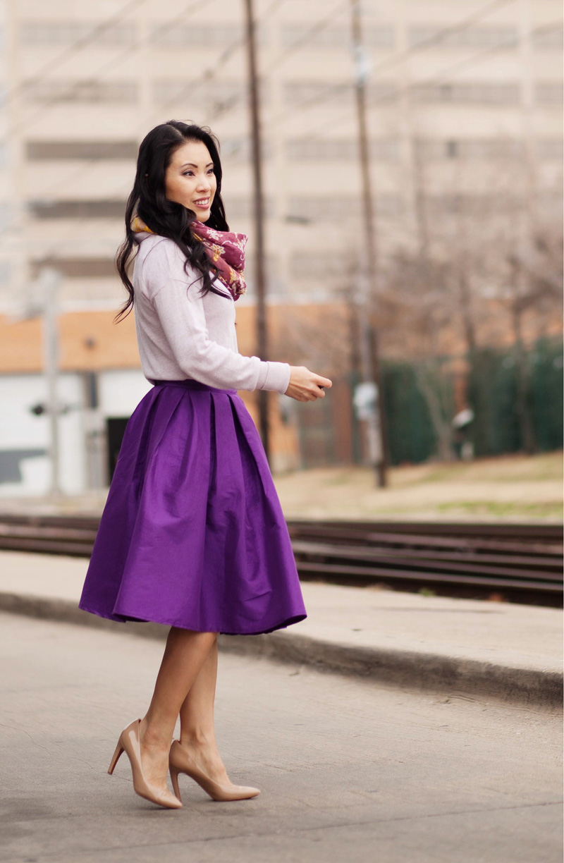 cute & little | petite fashion blog | purple flare midi skirt | spring outfit