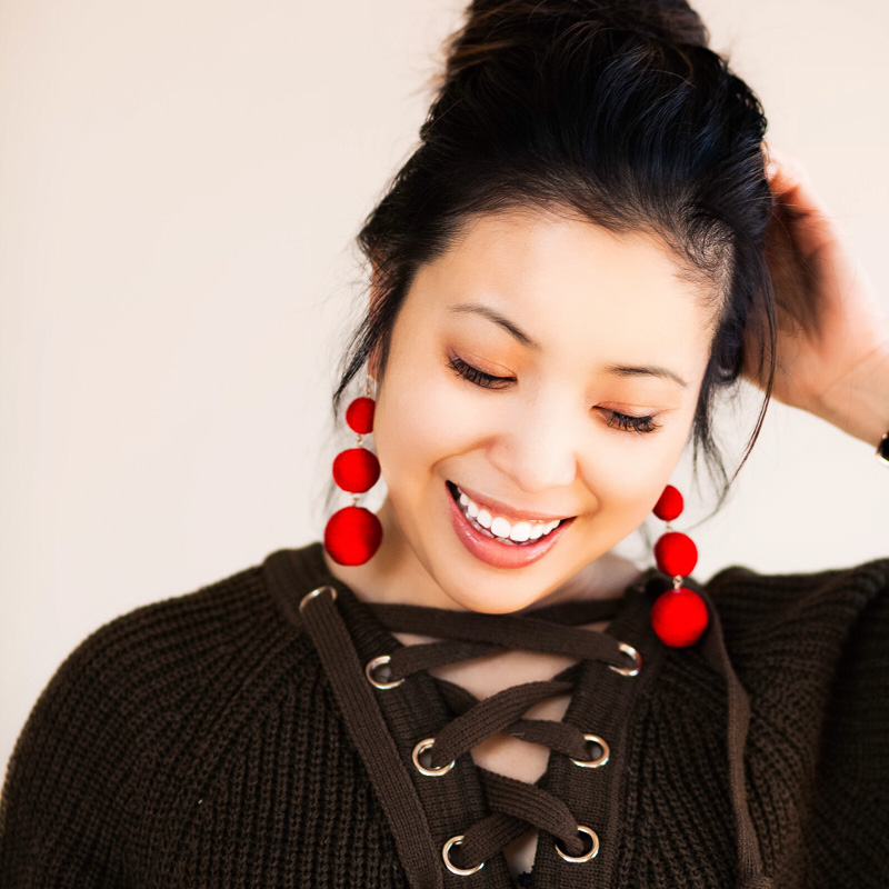 cute & little | petite fashion blog | olive lace-up sweater, baublebar red crispin drop earrings