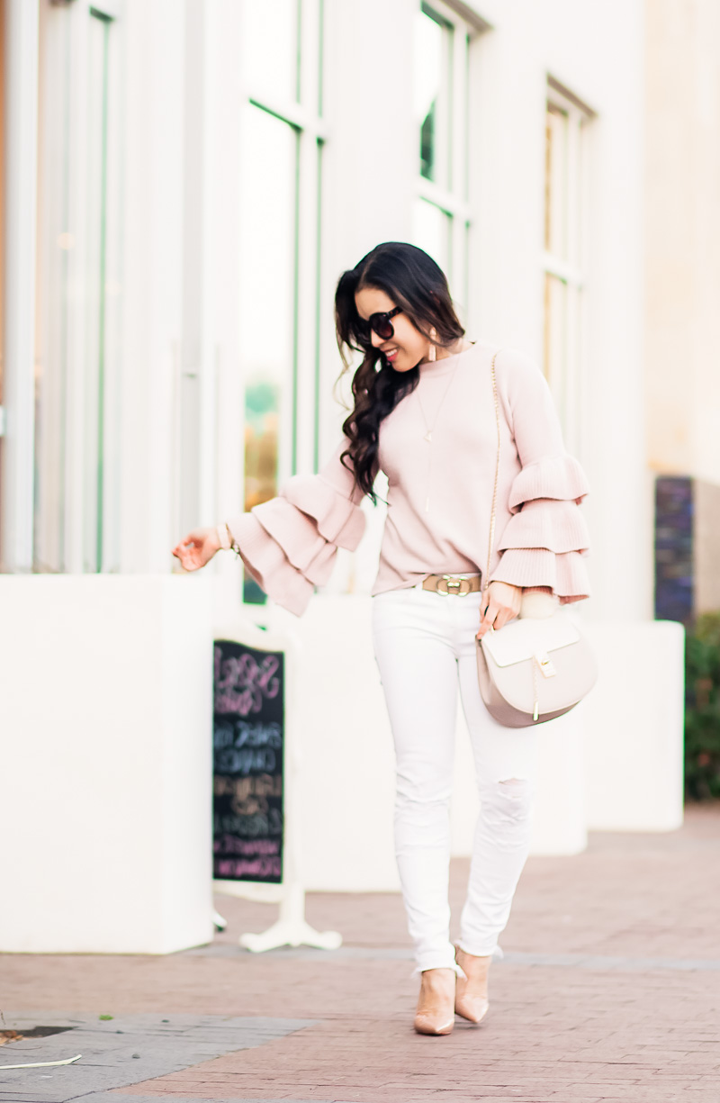 cute & little | petite fashion blog | ruffle sleeve knit, white distressed jeans, louboutin so kate pumps, chloe drew dupe | fall winter outfit