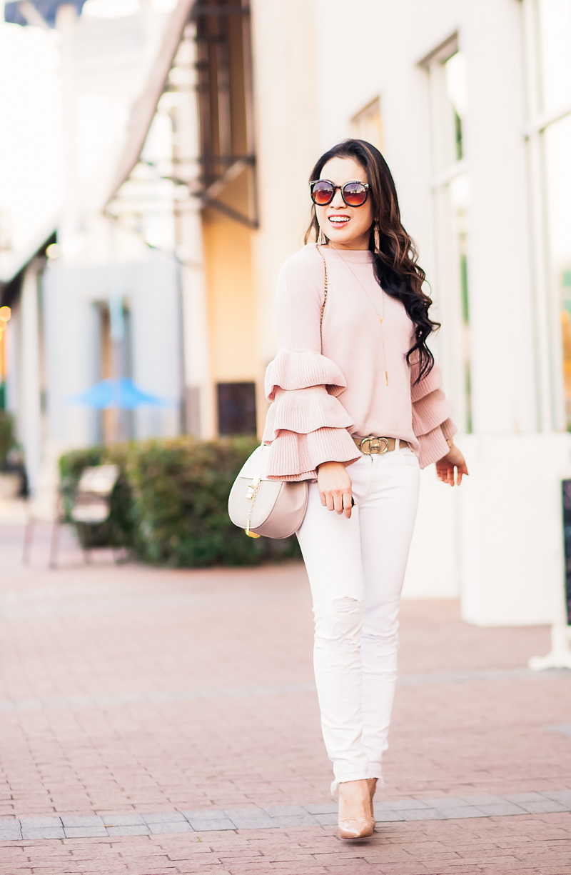 cute & little | petite fashion blog | ruffle sleeve knit, white distressed jeans, louboutin so kate pumps, chloe drew dupe | fall winter outfit