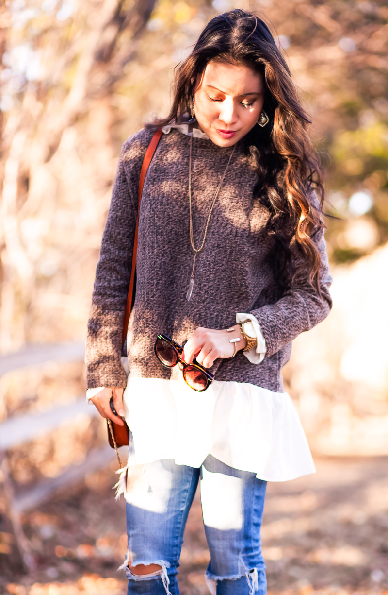 cute & little | petite fashion blog | peplum ruffle hem sweater, layered necklaces | fall winter outfit