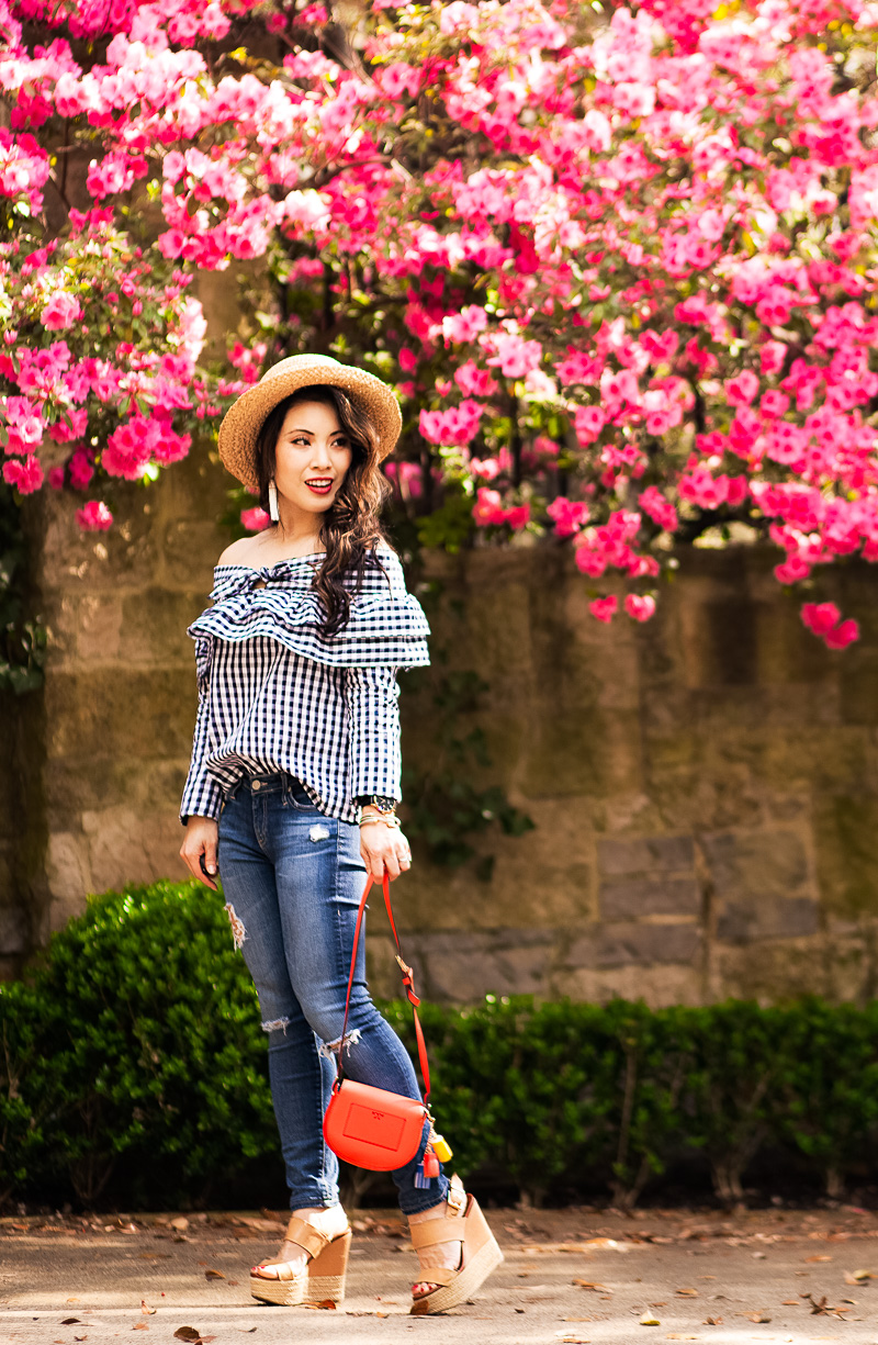 cute & little | petite fashion blog | gingham off shoulder ruffle top, distressed jeans, straw boater hat, baublebar pinata white tassel earrings | spring summer outfit - SHOPBOP SALE: 10 Pieces I Own + Recommend by popular Dallas petite fashion blogger cute & little