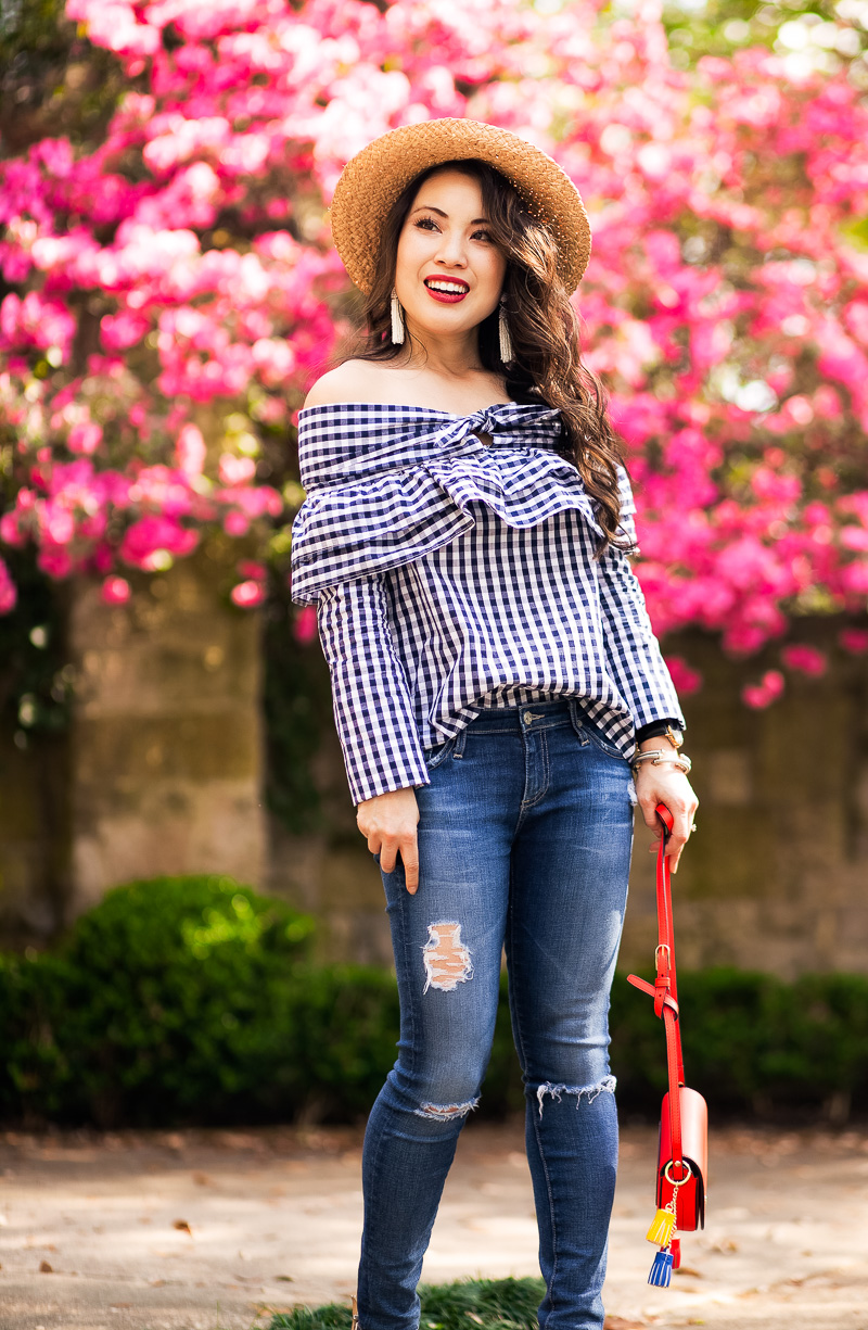 Spring Outfit Trifecta:  Gingham, Ruffles, and Off Shoulder by petite fashion blogger Kileen from cute and little