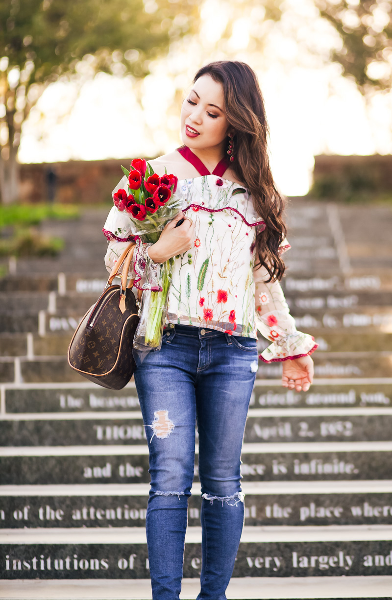 The Prettiest Embroidered Cold Shoulder Top by petite fashion blogger Kileen from cute and little