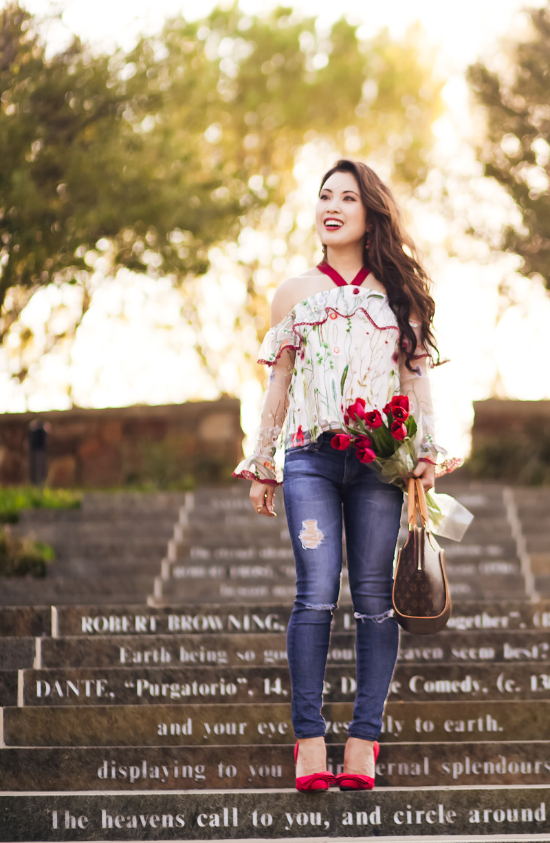 The Prettiest Embroidered Cold Shoulder Top by petite fashion blogger Kileen from cute and little