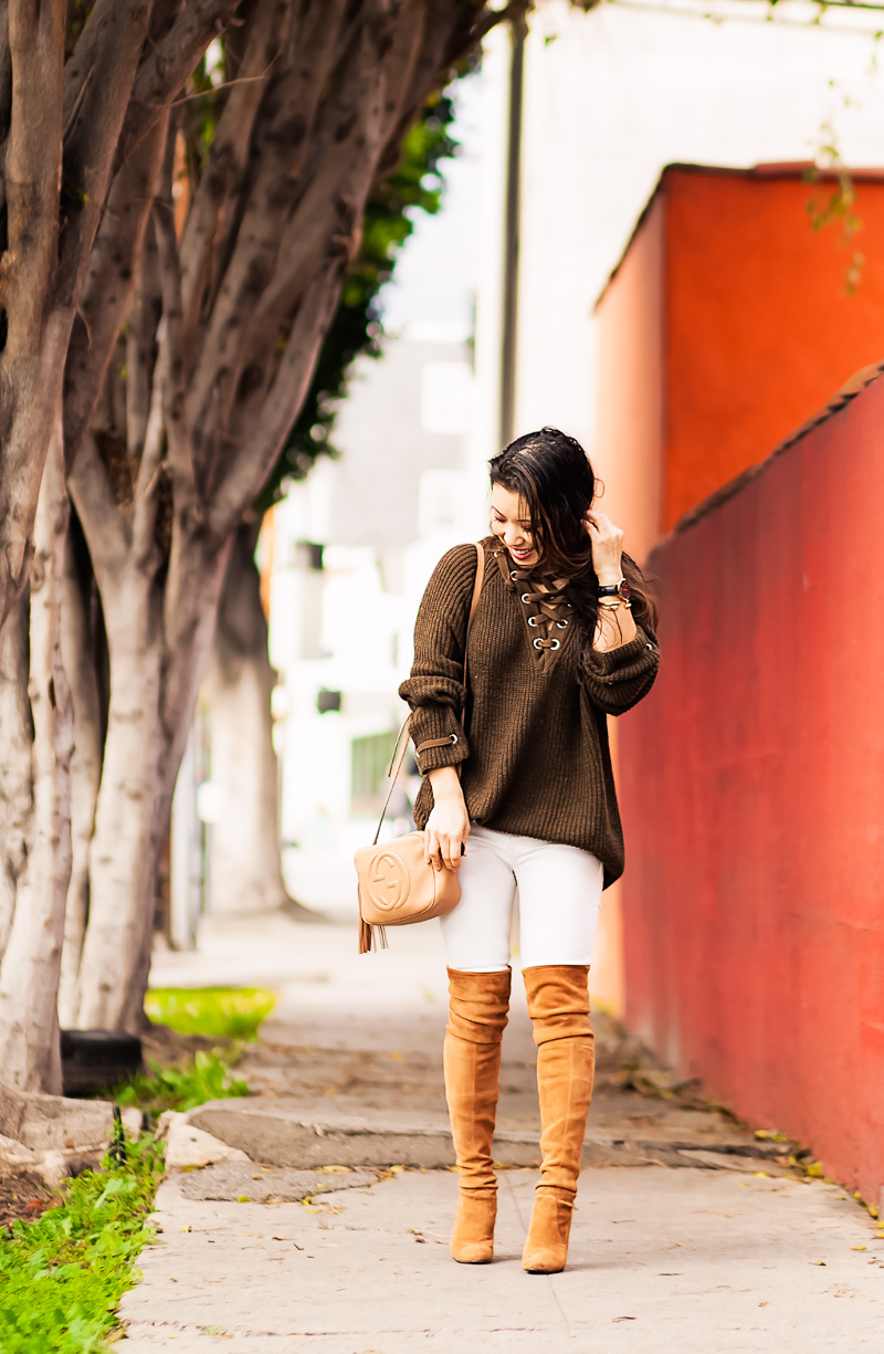 cute & little | petite fashion blog | olive lace-up sweater, white jeans, stuart weitzman over-the-knee highland boots toffee suede, gucci disco | transition outfit