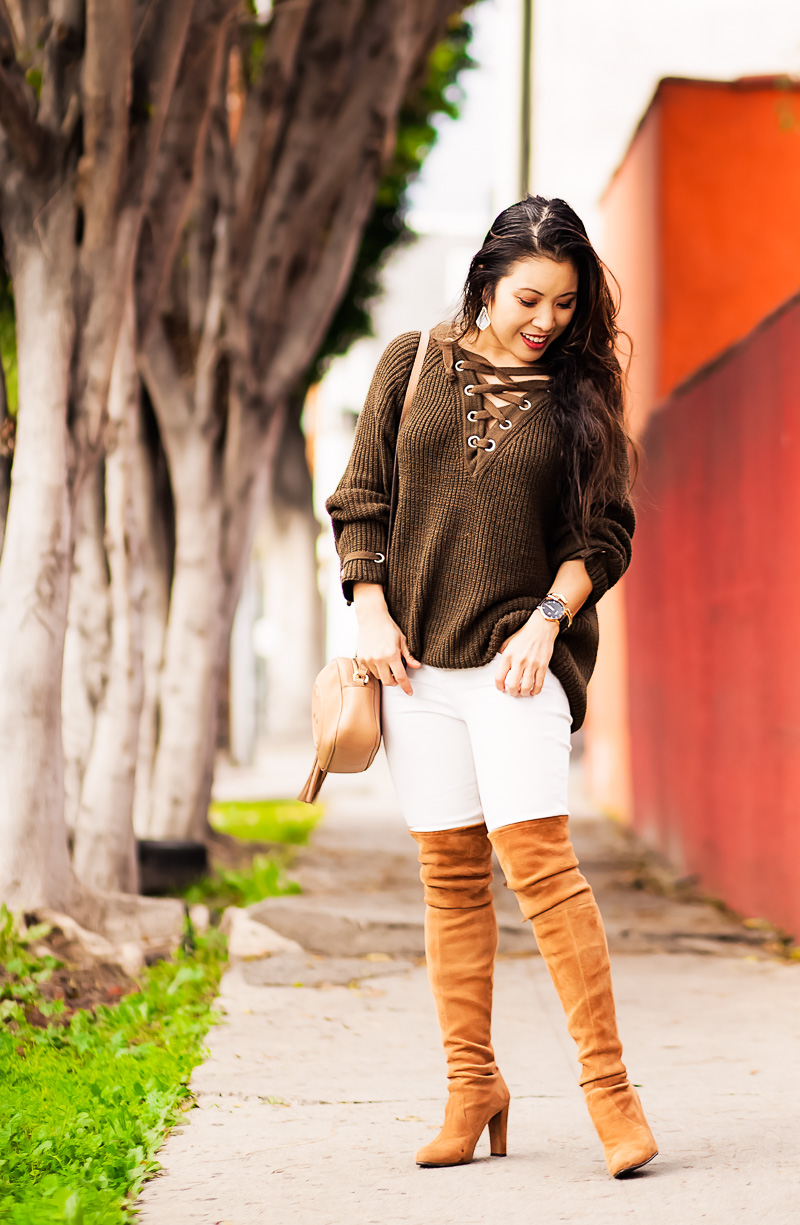 cute & little | petite fashion blog | olive lace-up sweater, white jeans, stuart weitzman over-the-knee highland boots toffee suede, gucci disco | transition outfit