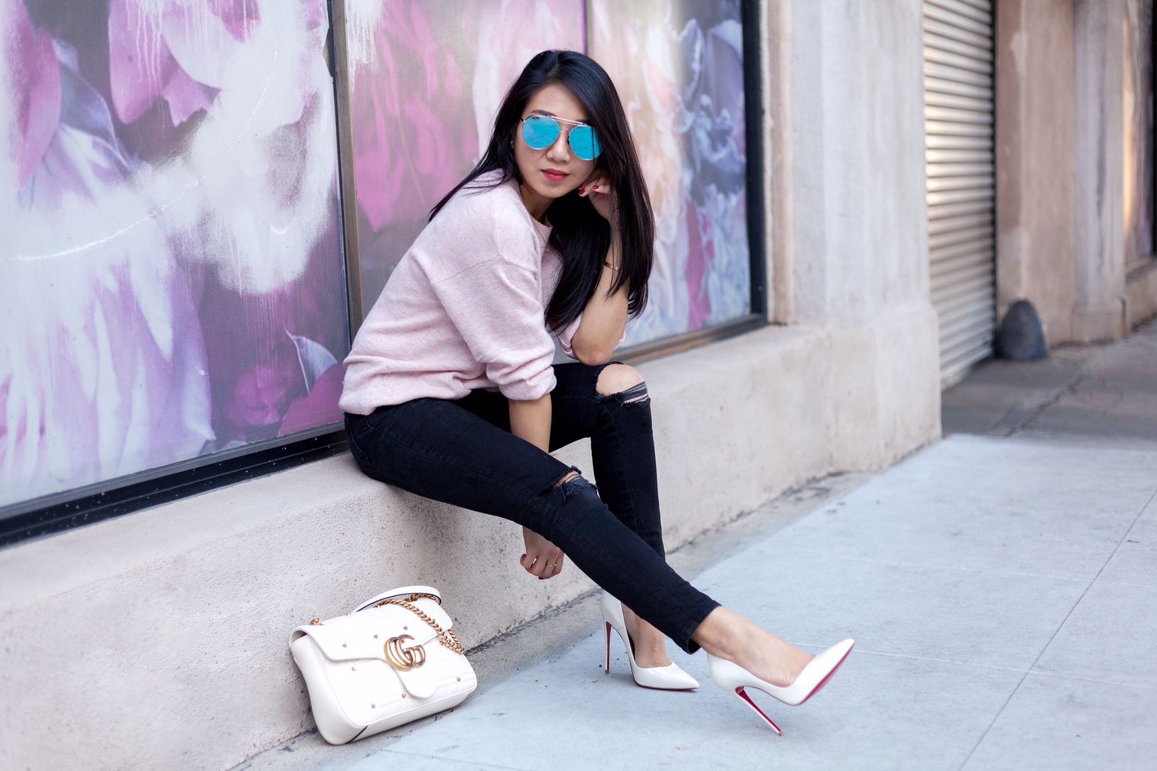 poshclassymom-spring-pantone-trend-preview-hm-pink-sweater-anine-bing-jeans-christian-louboutin-white-so-kate-gucci-marmont-5