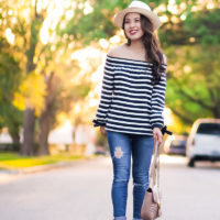 Off The Shoulder Top with Stripes and Bow Details