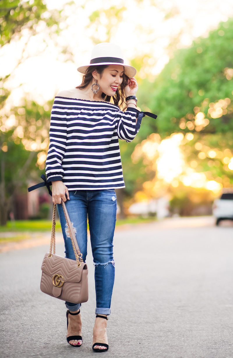 Off The Shoulder Top with Stripes and Bow Details by petite fashion blogger Kileen of cute & little