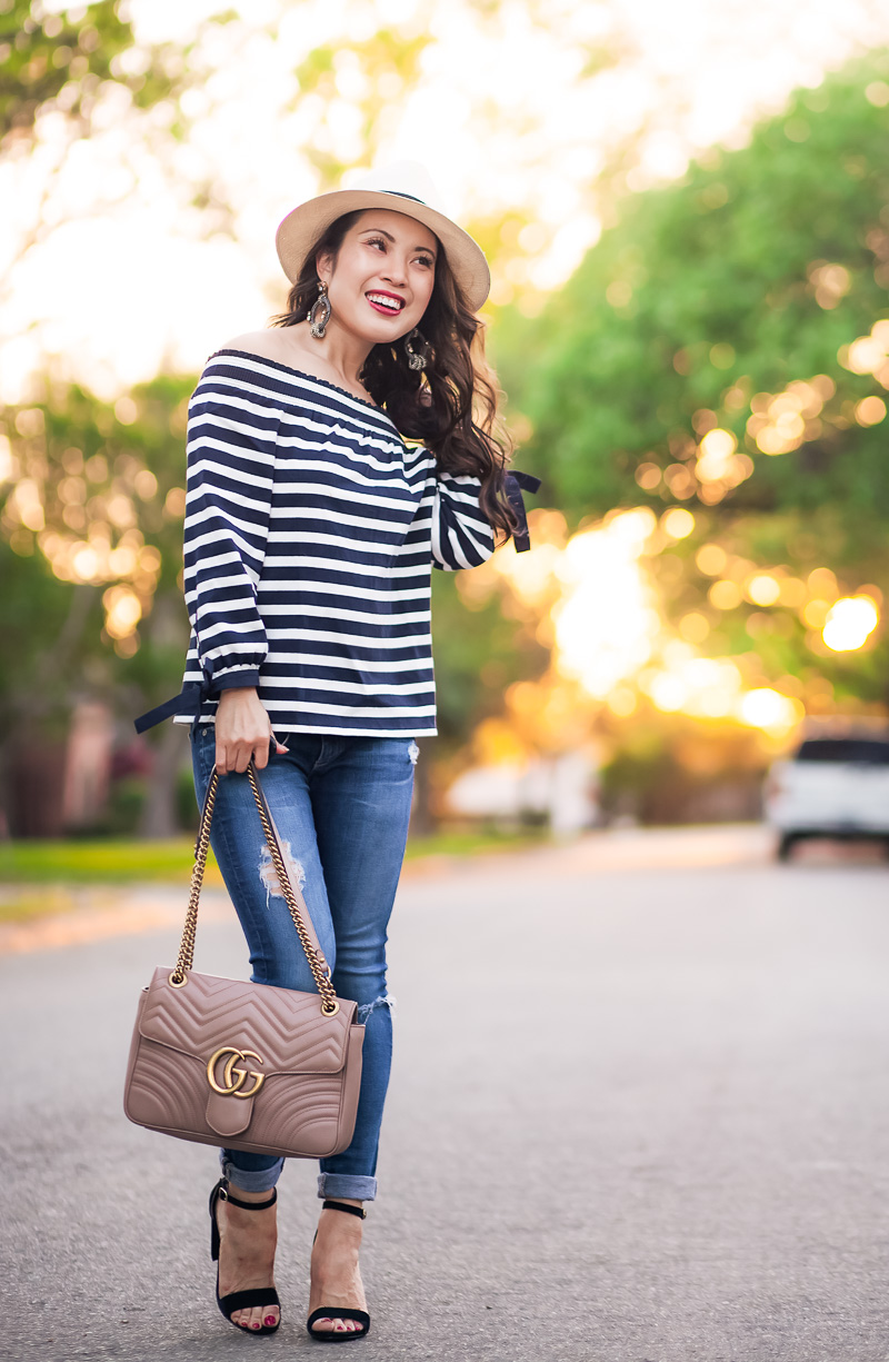 Off The Shoulder Top with Stripes and Bow Details by petite fashion blogger Kileen of cute & little
