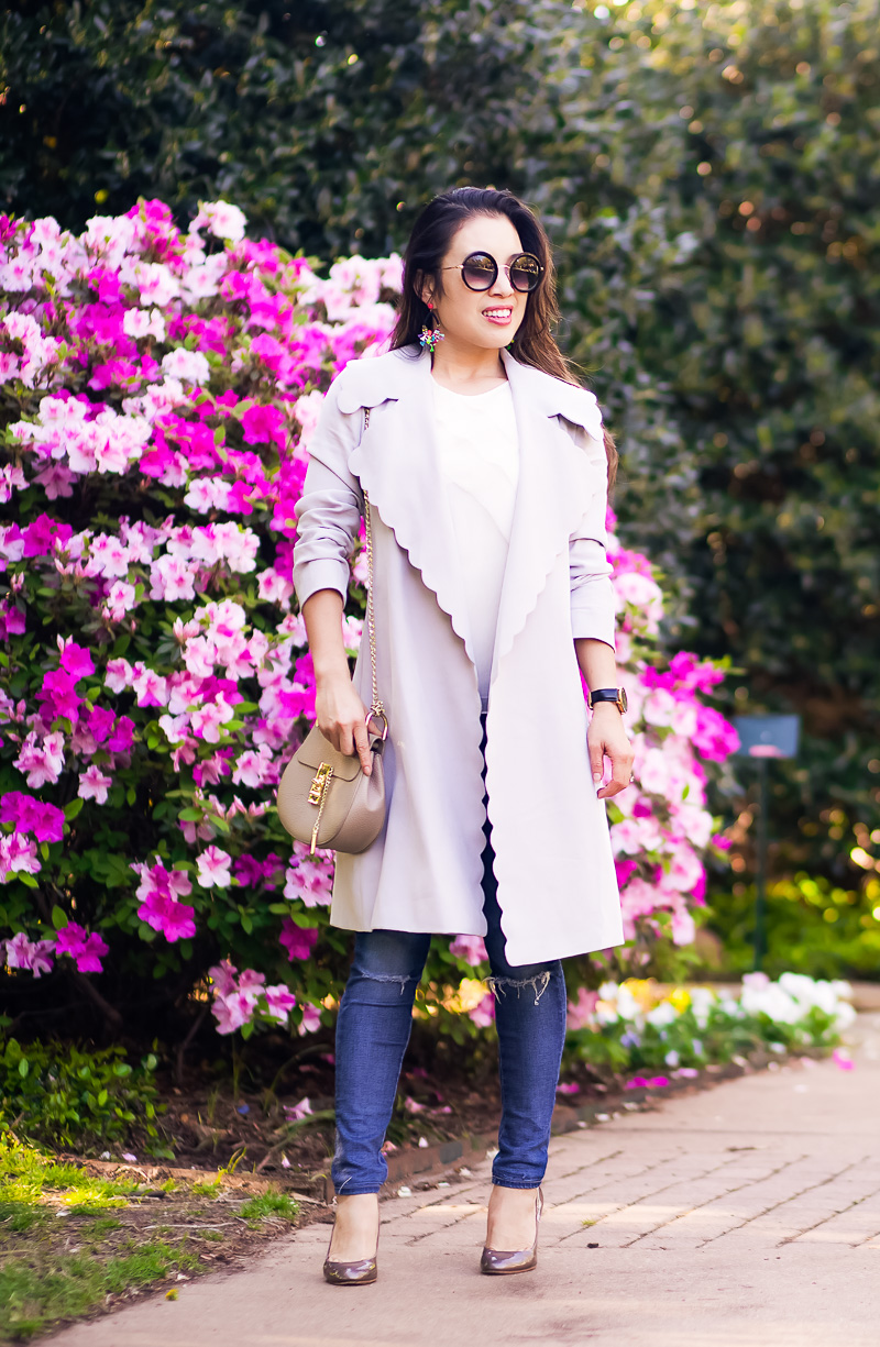 Spring Womens Trench Coat and Statement Earrings by Dallas petite fashion blogger Kileen of cute & little