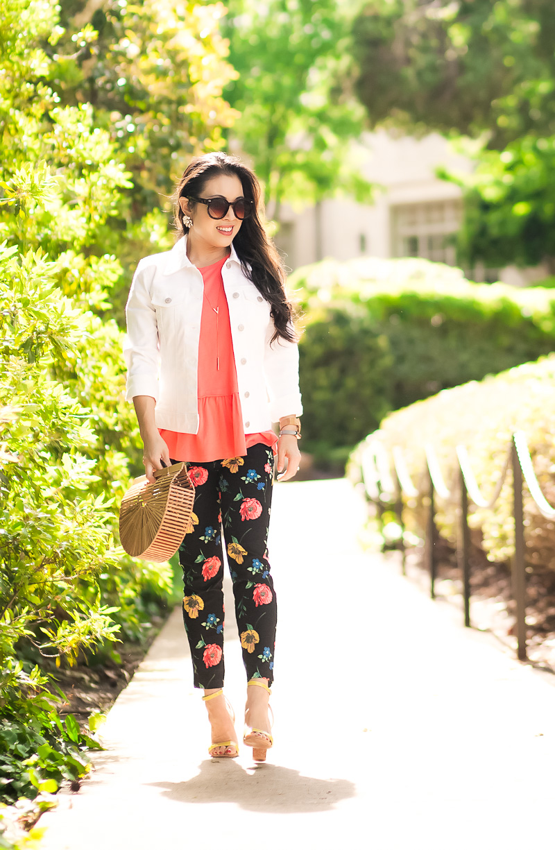 Springtime Charm in White Denim Jacket and Floral Prints // Linkup + Giveaway! by Dallas petite fashion blogger Kileen of cute& little