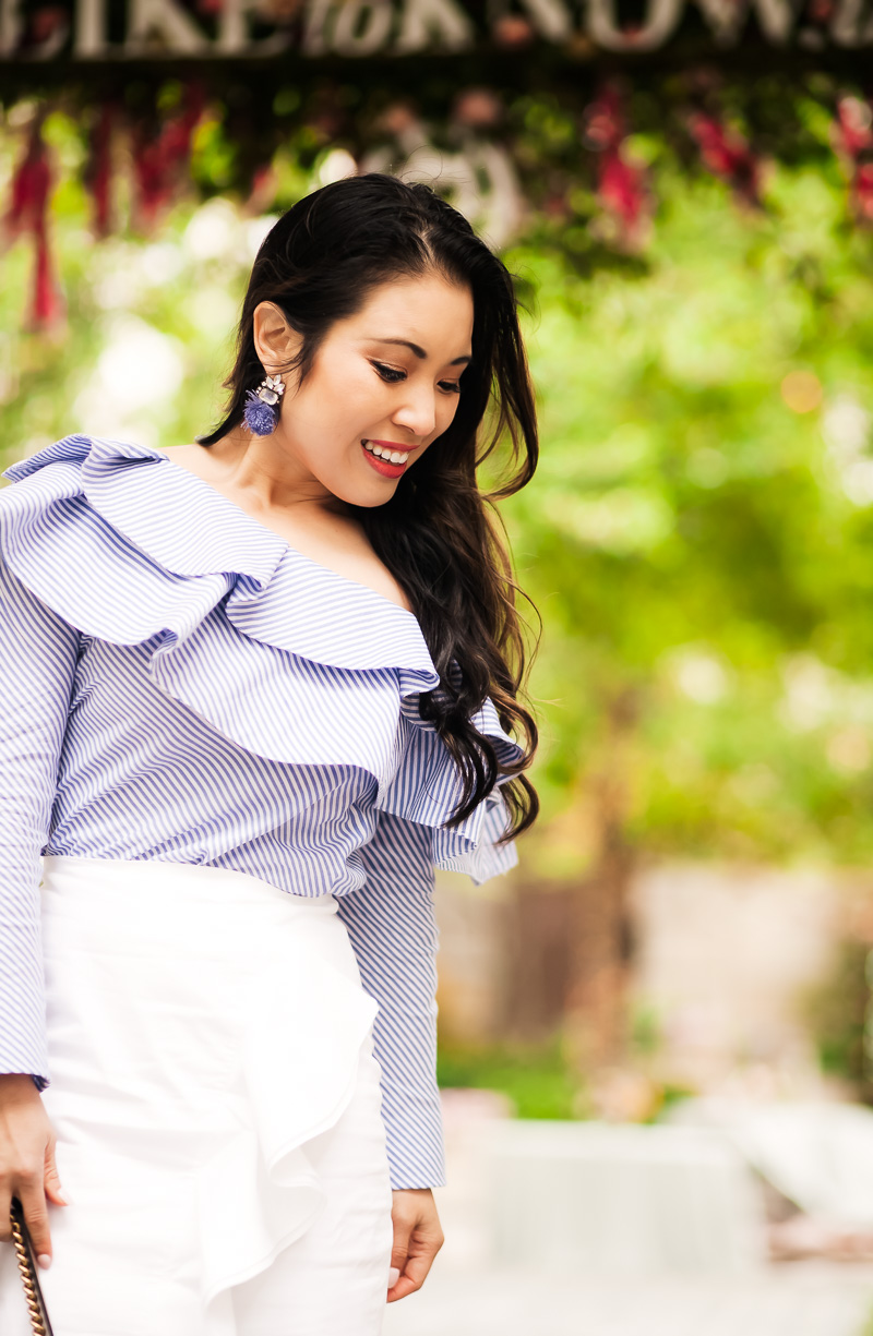 how to wear ruffles | stripe ruffle one-shoulder top, white ruffle pencil skirt | spring work outfit