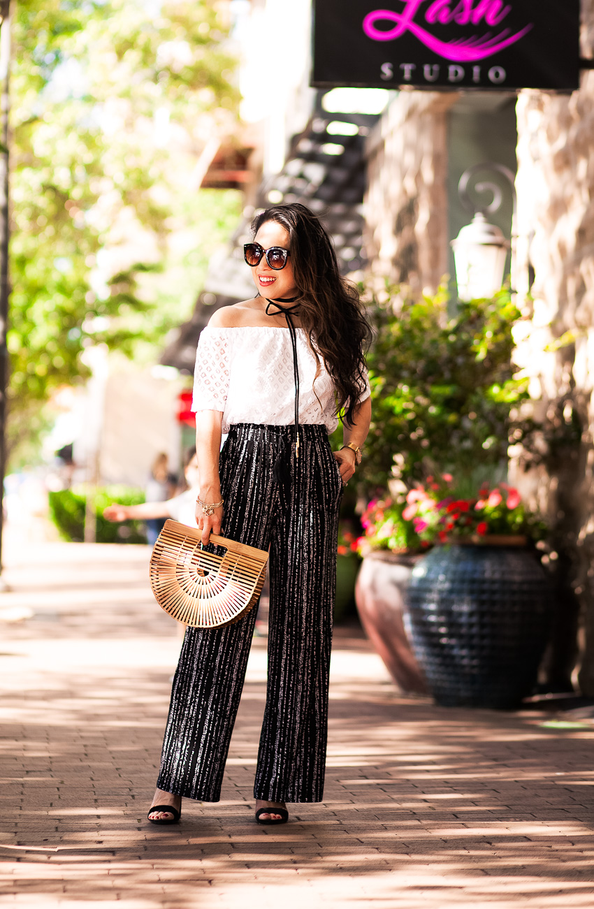 cute & little | petite fashion blog | lace off shoulder top, palazzo pants, choker, cult gaia bamboo ark bag | how to wear palazzo pants for petites