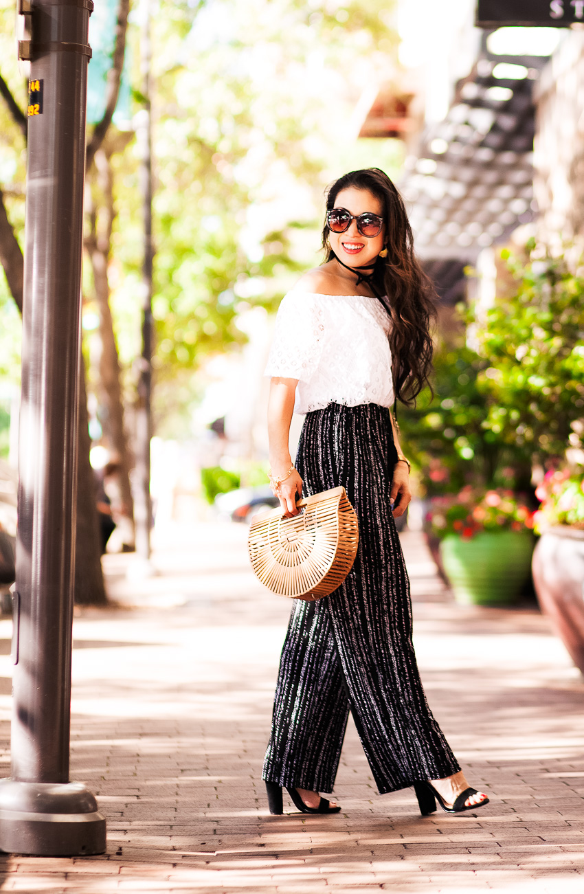 cute & little | petite fashion blog | lace off shoulder top, palazzo pants, choker, cult gaia bamboo ark bag | how to wear palazzo pants for petites